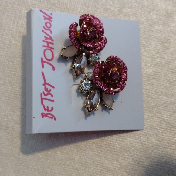 Betsey Johnson Glittering Pink Rose Earrings - Picture 2 of 2